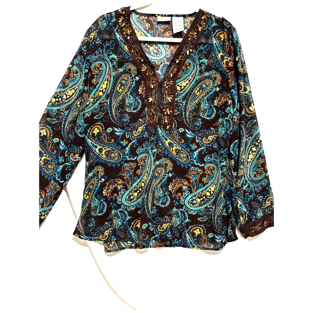 Y2k Women L Sheer Tunic Top V-Neck Sequin Beads Coquette Fairy Whimsy Bella Swan